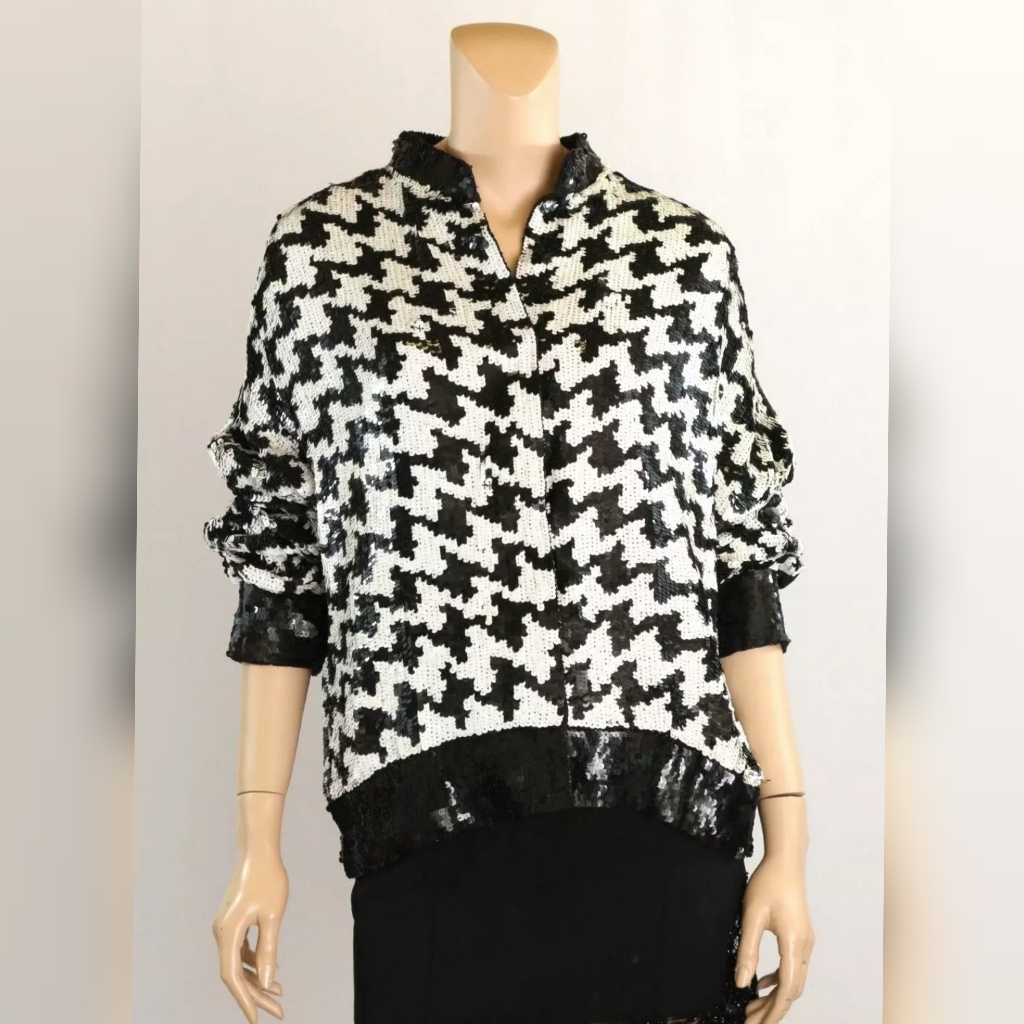 Unbranded Vintage 80s Black & White Houndstooth Print Sequin Bomber Jacket Sz M